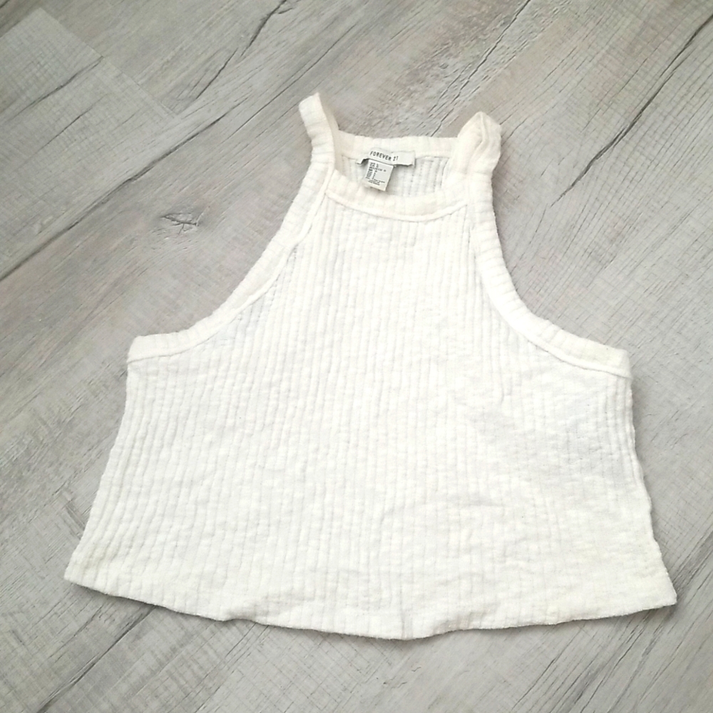 F21 White Ribbed Halter Crop Top